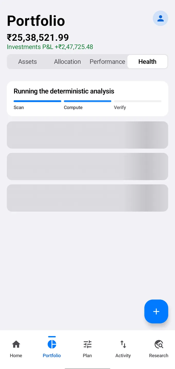 Health check running: the heading reads “Running the deterministic analysis” above a three-step track — Scan complete, Compute in progress, Verify still to come.