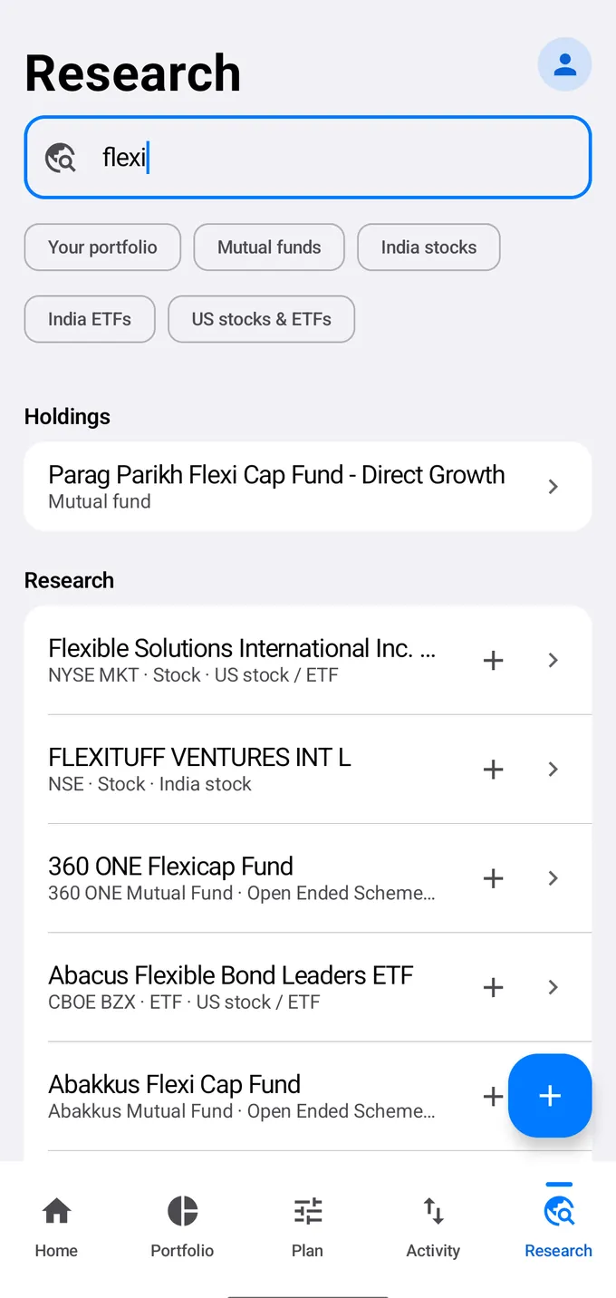 OmniAsset research screen: a search for flexi returning the user's own holding plus public mutual funds, Indian stocks and US stocks and ETFs.